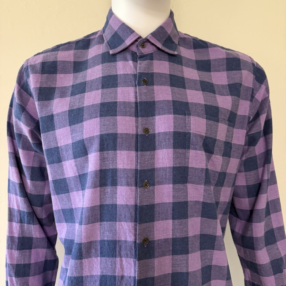 Peter Millar Purple Navy Plaid Cotton Flannel Button-Up Men Shirt size M - Picture 3 of 14